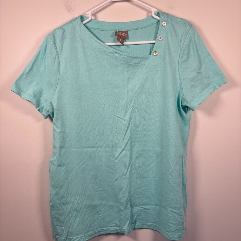 CHICO'S Asymmetrical Neck Short Sleeve Tee Womens M Aqua Buttons Stretch